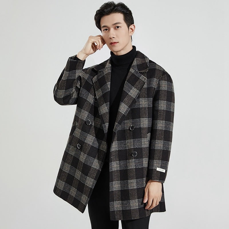 Men's Plaid Wool Dress Overcoat with Double Breasted Notched Lapels - Image 2