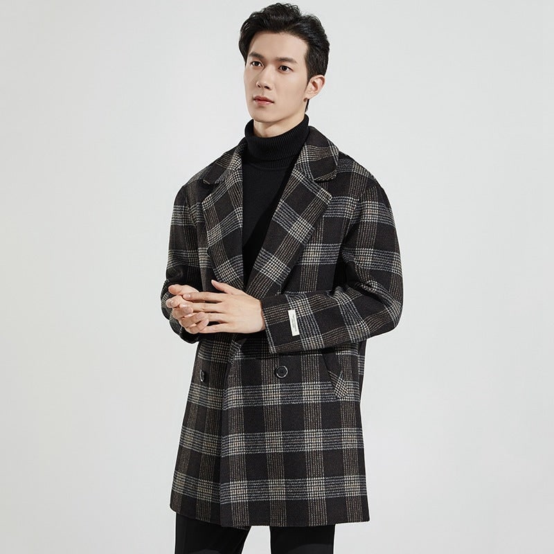 Men's Plaid Wool Dress Overcoat with Double Breasted Notched Lapels - Image 3