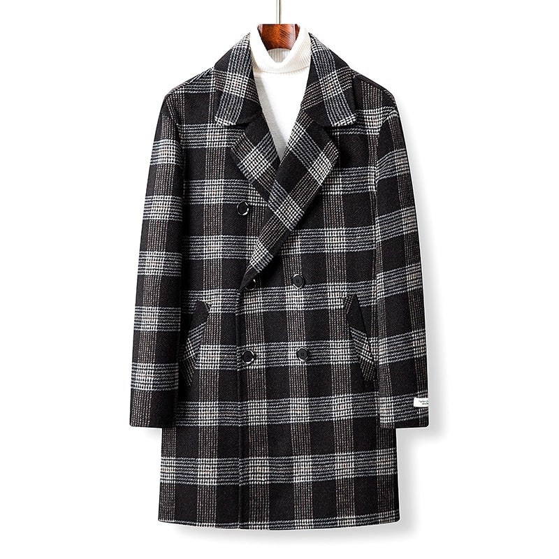 Men's Plaid Wool Dress Overcoat with Double Breasted Notched Lapels - Image 5
