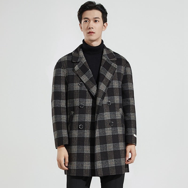Men's Plaid Wool Dress Overcoat with Double Breasted Notched Lapels - Image 6