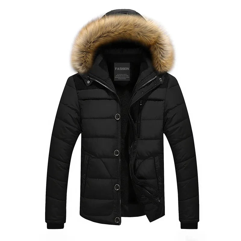 Men's Puffer Jacket Coat with Quilted Design Faux Fur Hood and Fleece Lining - Image 1