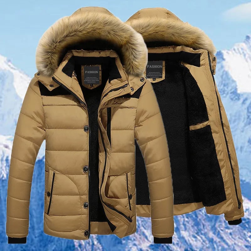 Men's Puffer Jacket Coat with Quilted Design Faux Fur Hood and Fleece Lining - Image 2