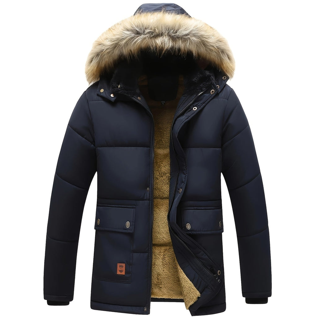 Men's Puffer Jacket Quilted Winter Hooded with Faux Fur Hood and Fleece Lining - Image 1