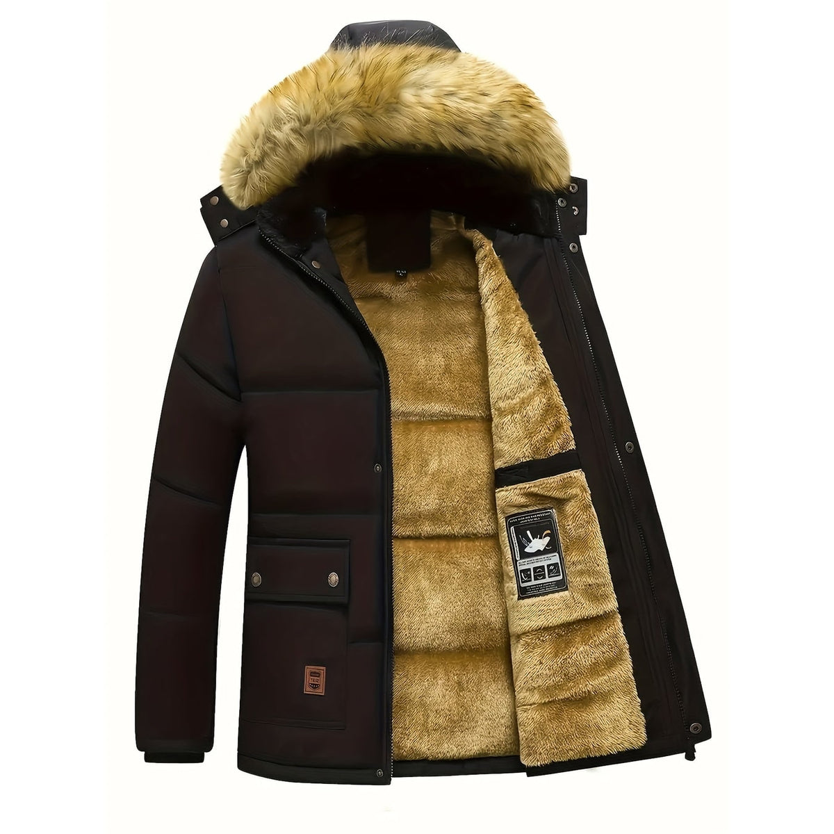 Men's Puffer Jacket Quilted Winter Hooded with Faux Fur Hood and Fleece Lining - Image 2