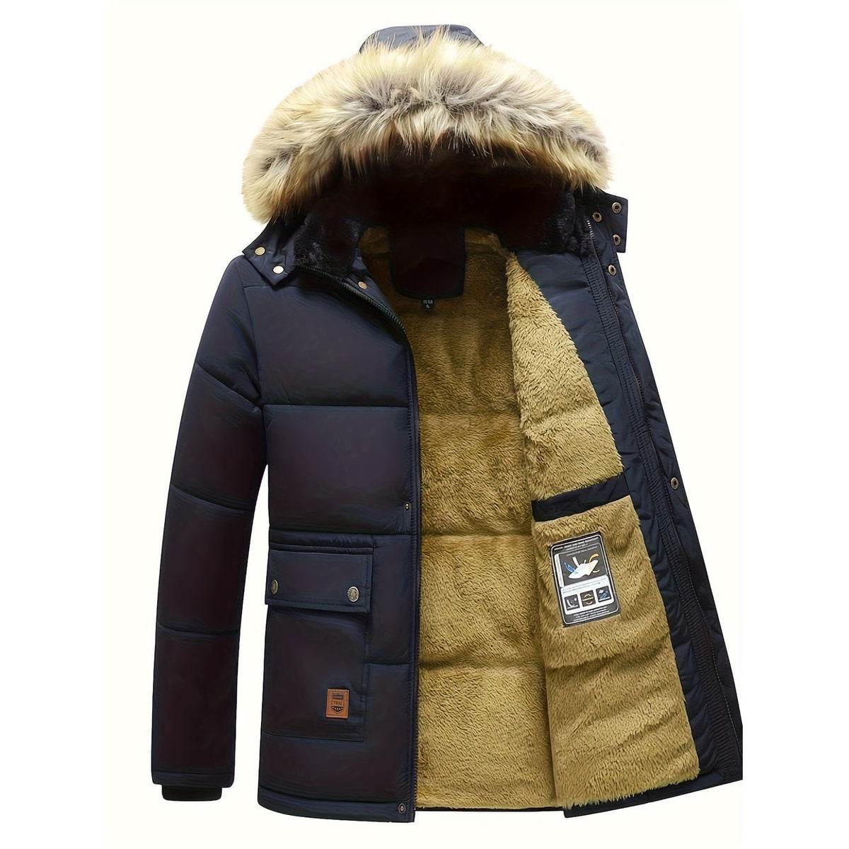 Men's Puffer Jacket Quilted Winter Hooded with Faux Fur Hood and Fleece Lining - Image 6