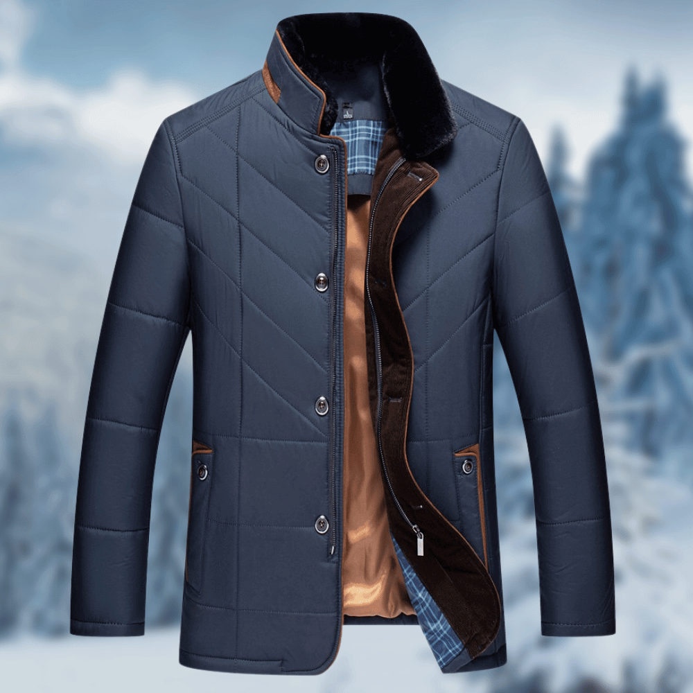 Men's Puffer Jacket with Quilted Chevron Faux Fur Collar and Button Zip Closure - Image 1