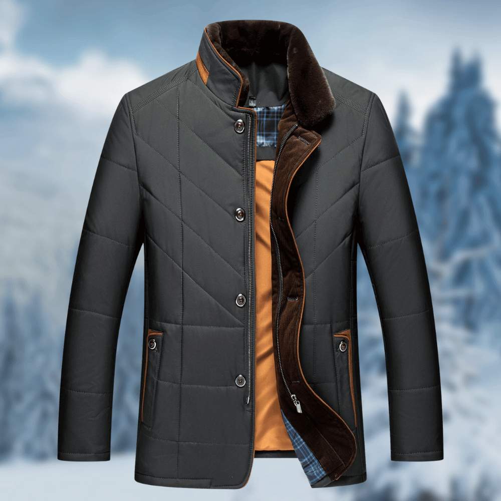 Men's Puffer Jacket with Quilted Chevron Faux Fur Collar and Button Zip Closure - Image 2