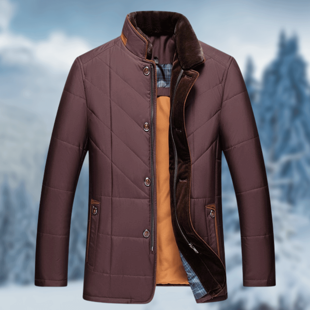 Men's Puffer Jacket with Quilted Chevron Faux Fur Collar and Button Zip Closure - Image 3