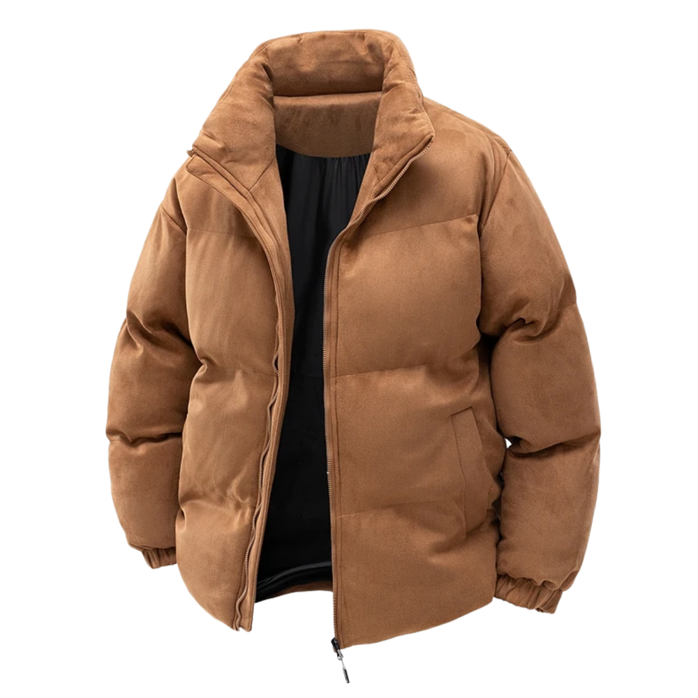 Men's Puffer Winter Jacket with Quilted Faux Suede and Stand Collar - Image 1