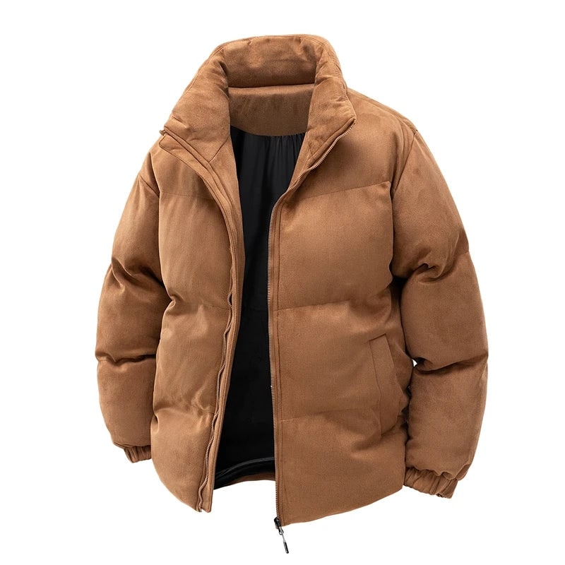 Men's Puffer Winter Jacket with Quilted Faux Suede and Stand Collar - Image 3