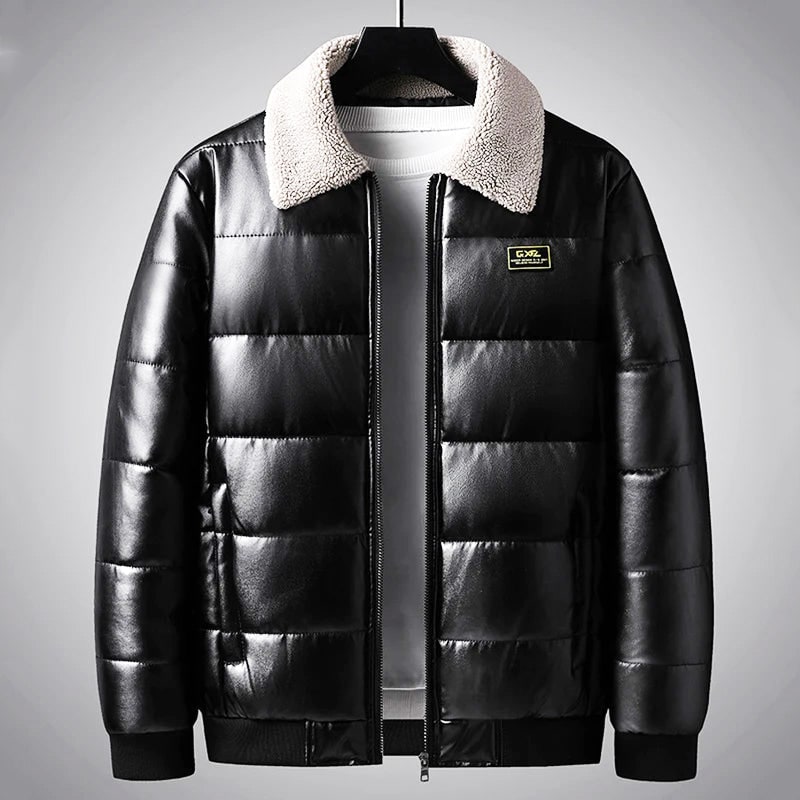 Men's Puffer Winter Quilted Jacket with Faux Leather and Fleece Collar Zip Up - Image 1