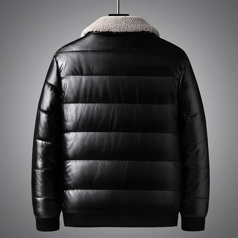 Men's Puffer Winter Quilted Jacket with Faux Leather and Fleece Collar Zip Up - Image 2