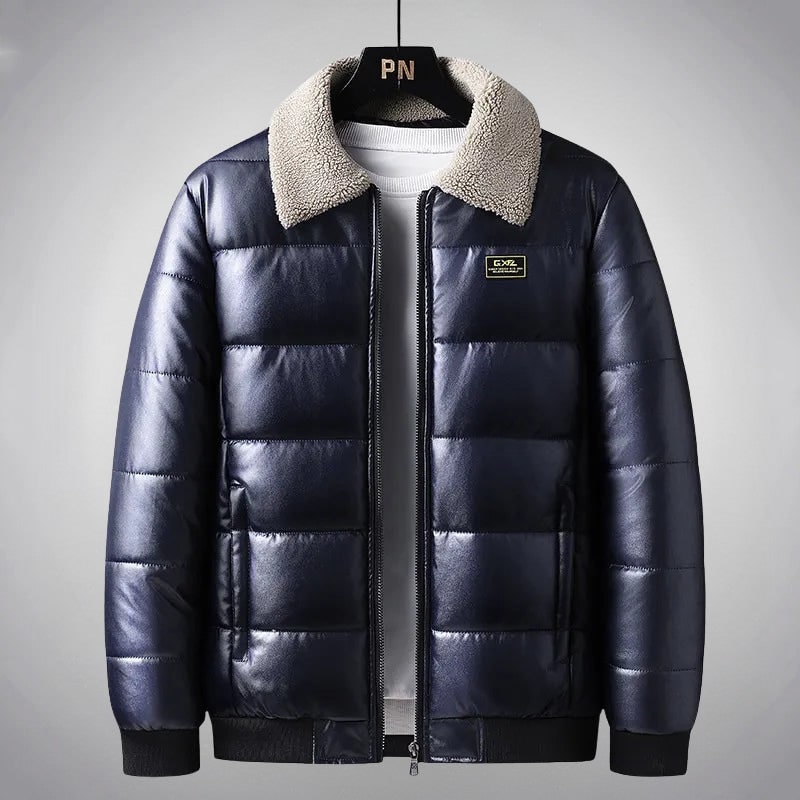 Men's Puffer Winter Quilted Jacket with Faux Leather and Fleece Collar Zip Up - Image 3