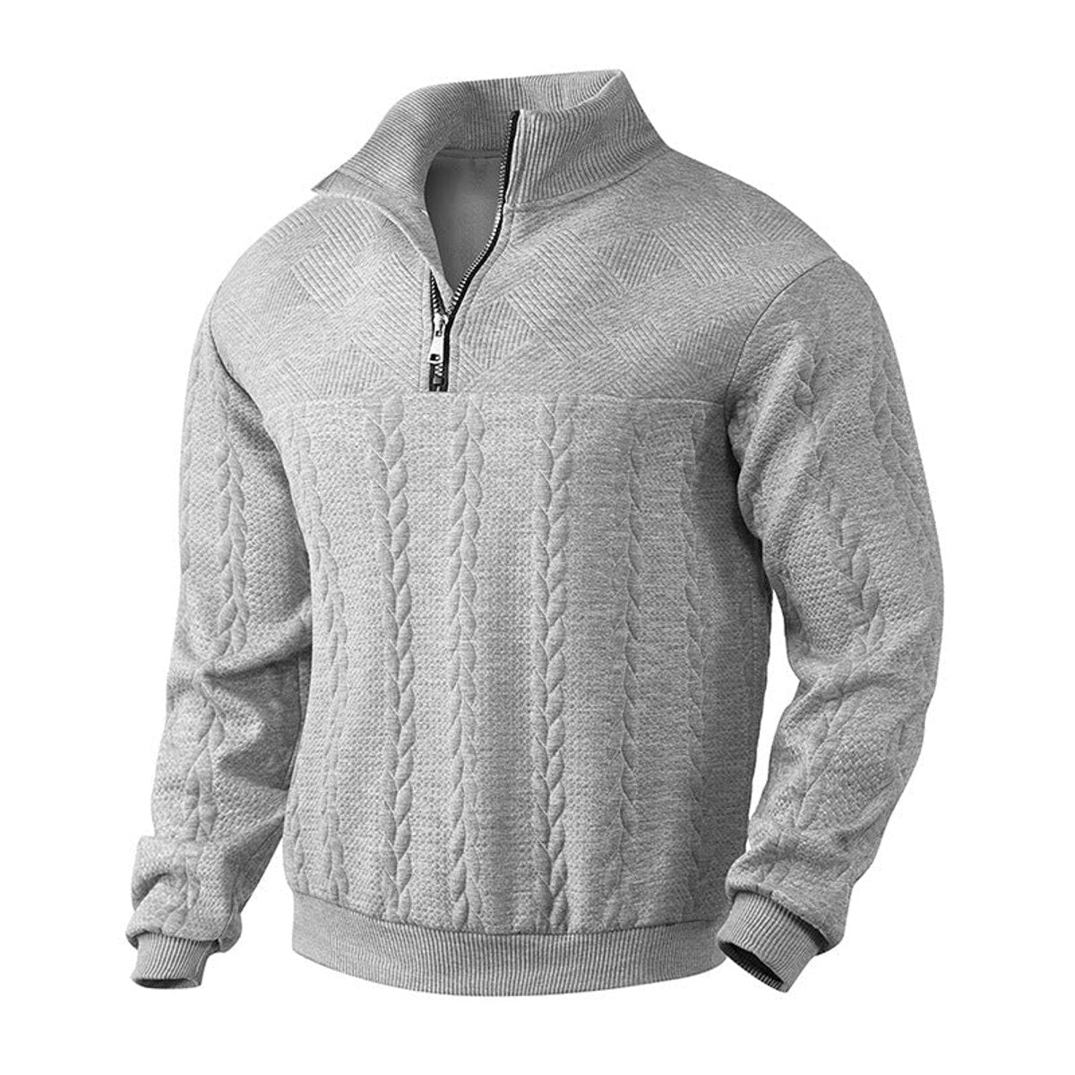 Men's Quarter Zip Cable Knit Sweater with Stand Collar and Ribbed Cuffs - Image 1