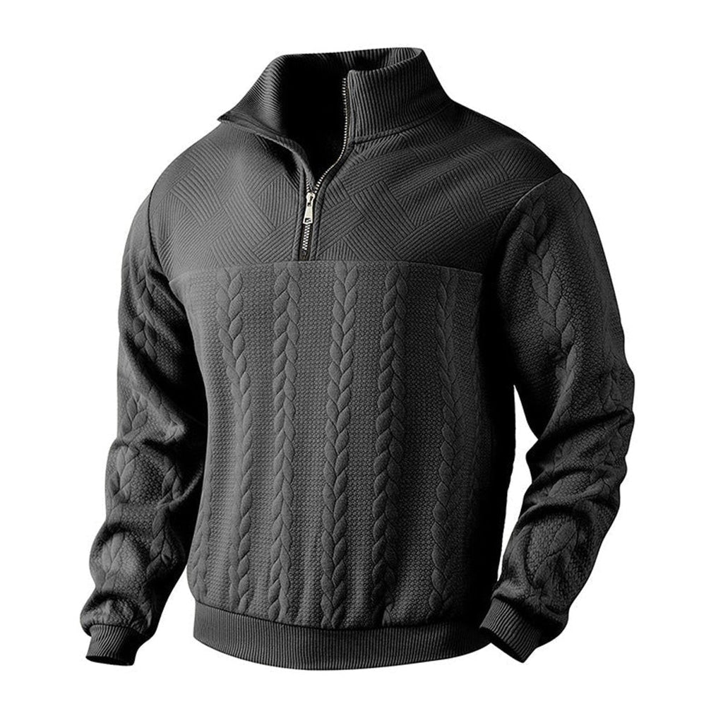 Men's Quarter Zip Cable Knit Sweater with Stand Collar and Ribbed Cuffs - Image 10
