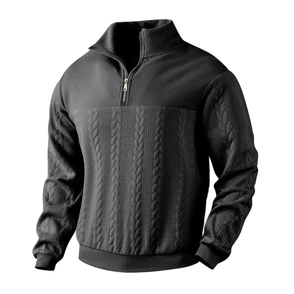 Men's Quarter Zip Cable Knit Sweater with Stand Collar and Ribbed Cuffs - Image 10