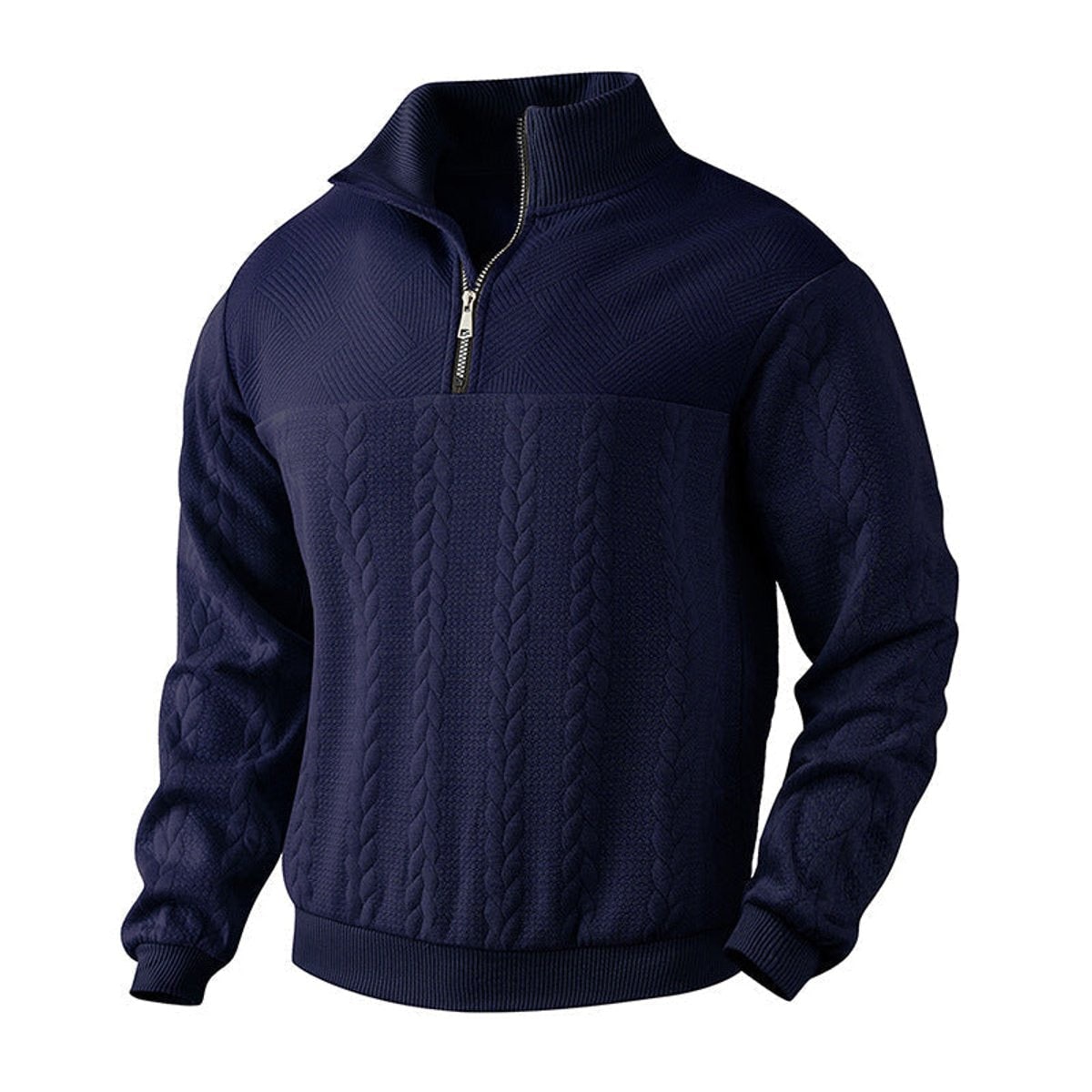 Men's Quarter Zip Cable Knit Sweater with Stand Collar and Ribbed Cuffs - Image 9