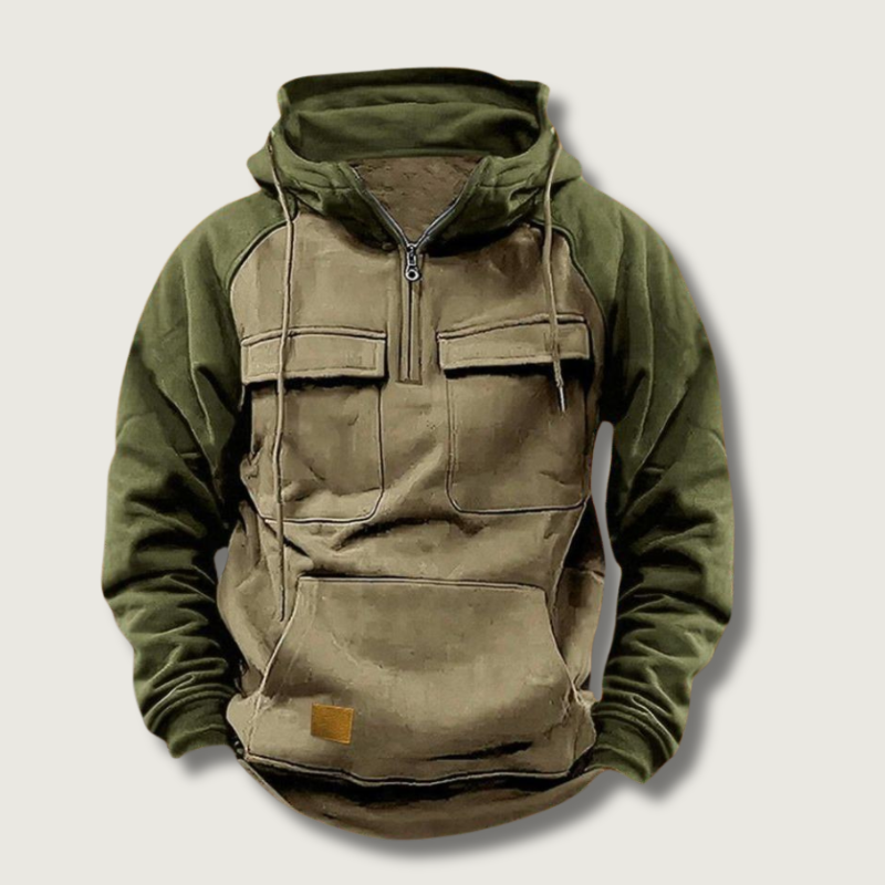 Men's Quarter Zip Hoodie Sweatshirt with Color Block Design and Chest Pockets - Image 1