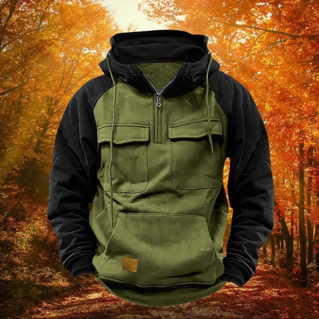 Men's Quarter Zip Hoodie Sweatshirt with Color Block Design and Chest Pockets - Image 3