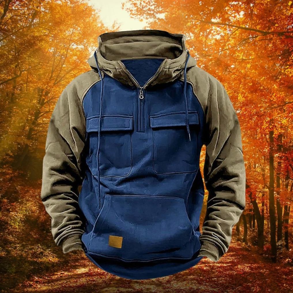 Men's Quarter Zip Hoodie Sweatshirt with Color Block Design and Chest Pockets - Image 4