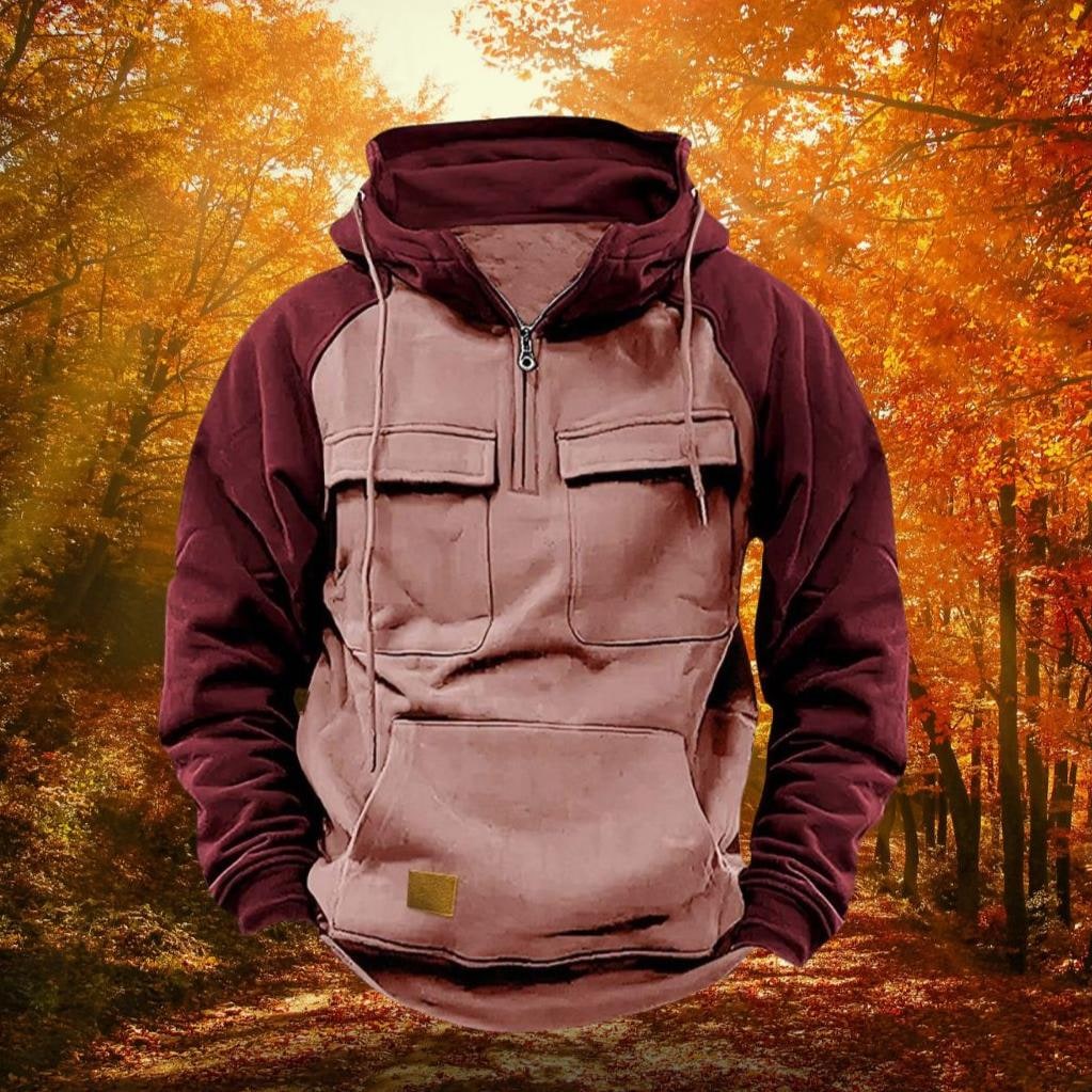 Men's Quarter Zip Hoodie Sweatshirt with Color Block Design and Chest Pockets - Image 7