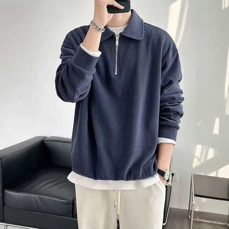 Men's Quarter Zip Pullover Sweater with Polo Collar and Ribbed Knit - Image 1