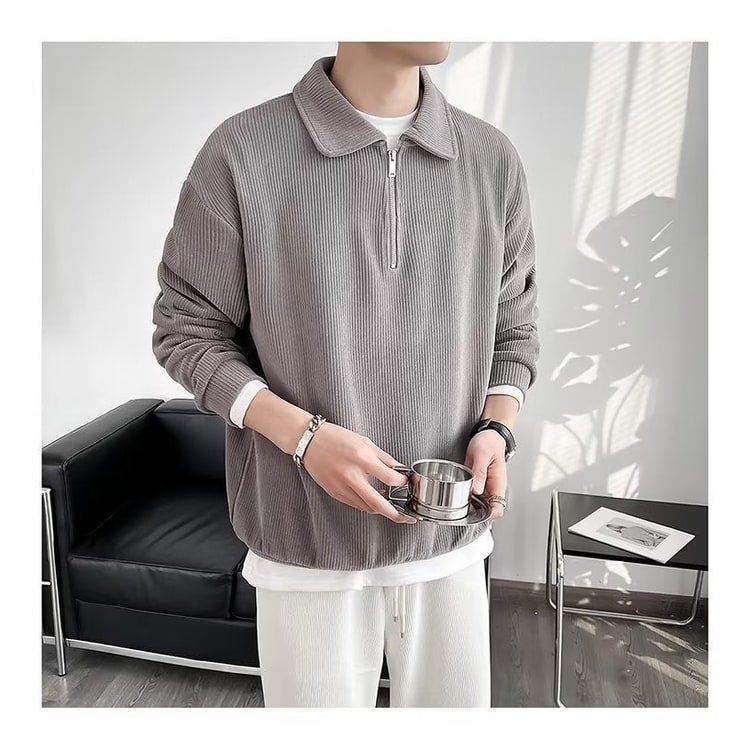 Men's Quarter Zip Pullover Sweater with Polo Collar and Ribbed Knit - Image 7