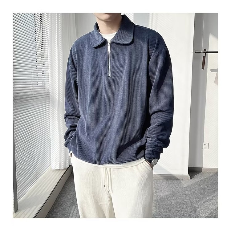 Men's Quarter Zip Pullover Sweater with Polo Collar and Ribbed Knit - Image 8