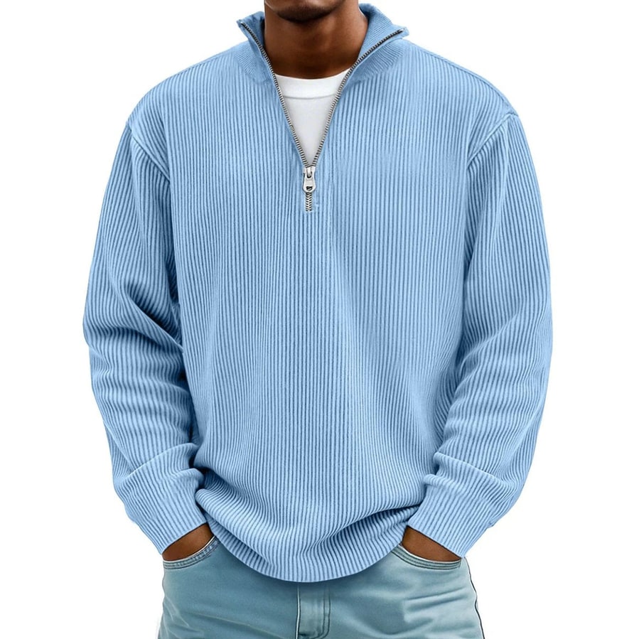 Men's Quarter Zip Sweater with Ribbed Knit and Half Pullover Stand Collar - Image 1
