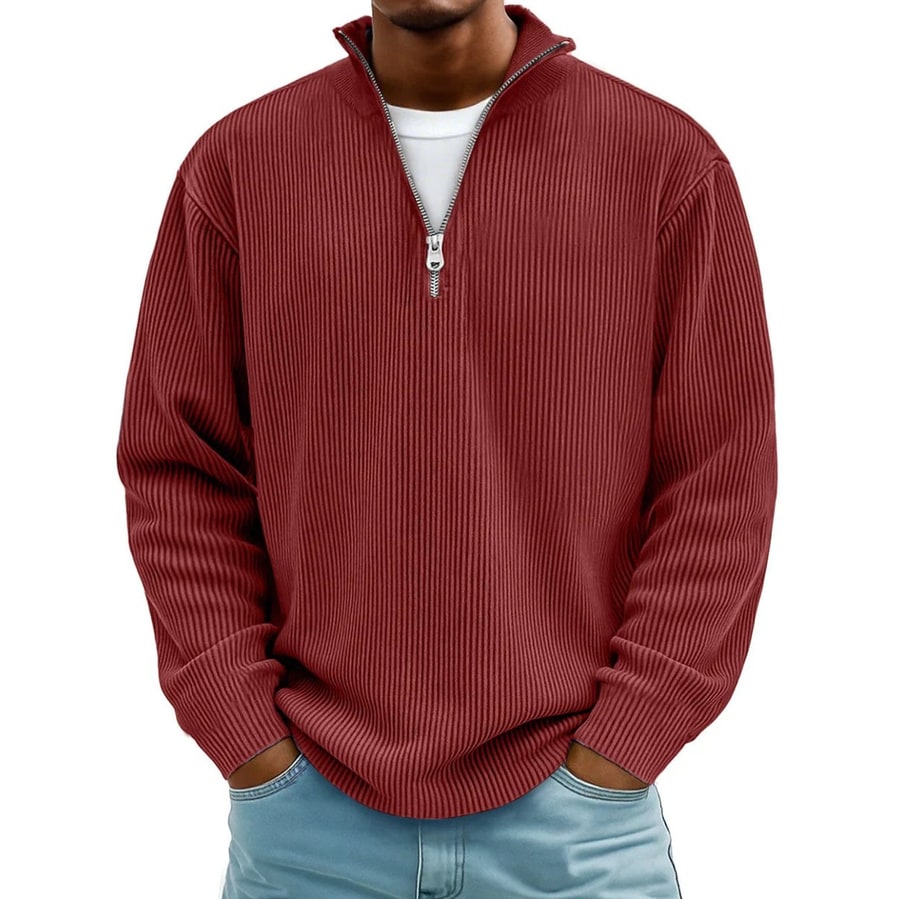 Men's Quarter Zip Sweater with Ribbed Knit and Half Pullover Stand Collar - Image 2