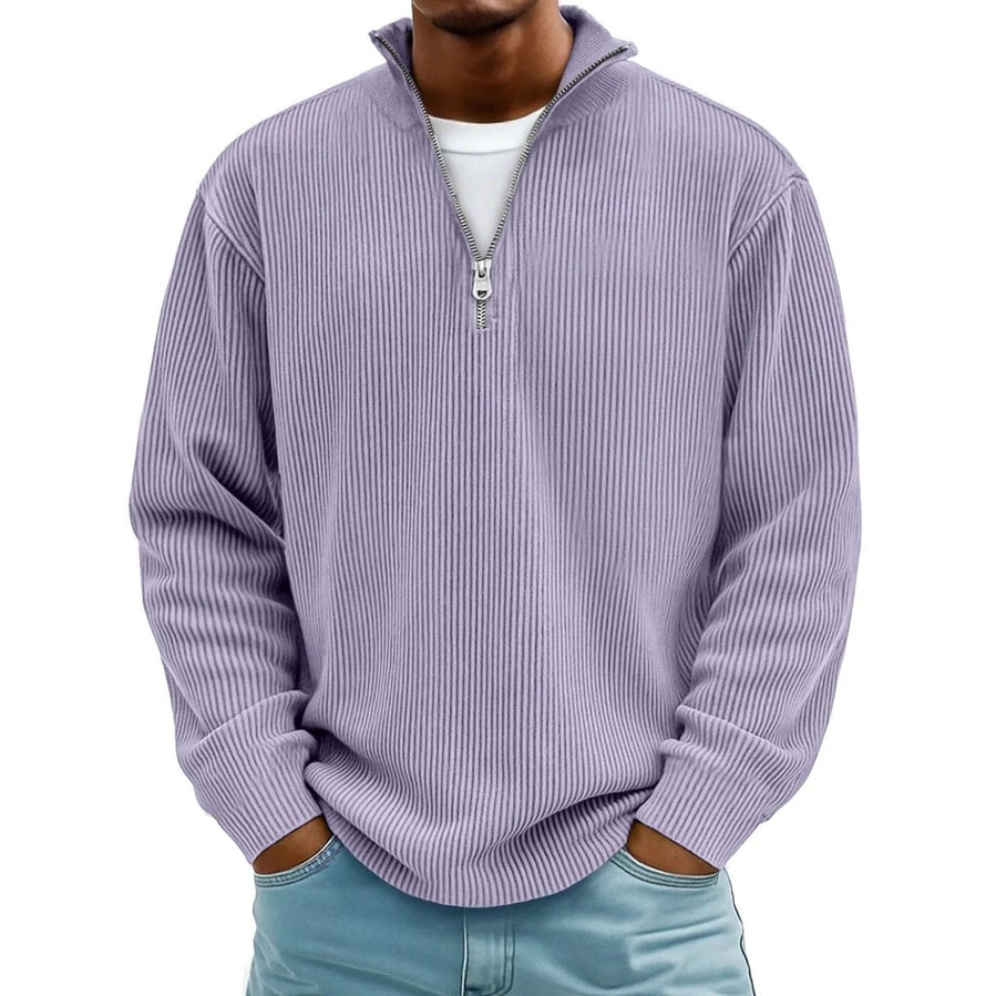 Men's Quarter Zip Sweater with Ribbed Knit and Half Pullover Stand Collar - Image 3