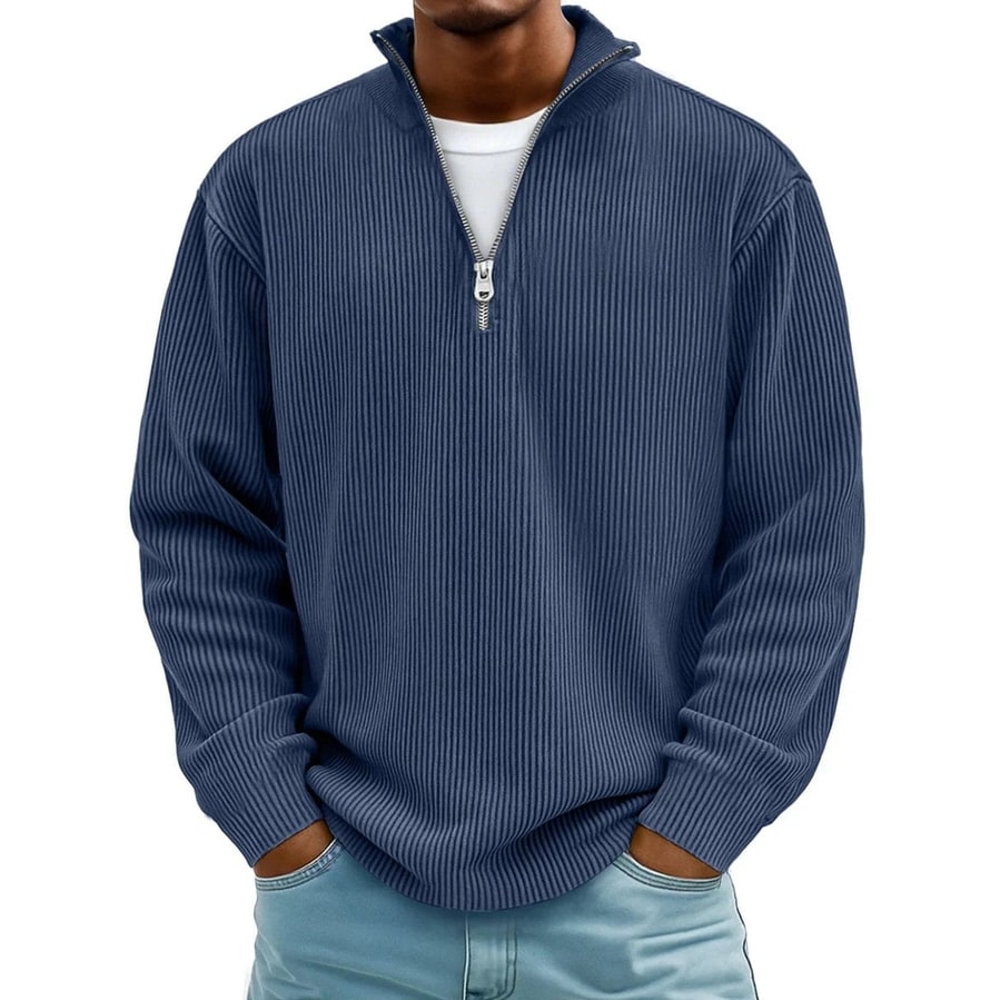 Men's Quarter Zip Sweater with Ribbed Knit and Half Pullover Stand Collar - Image 6