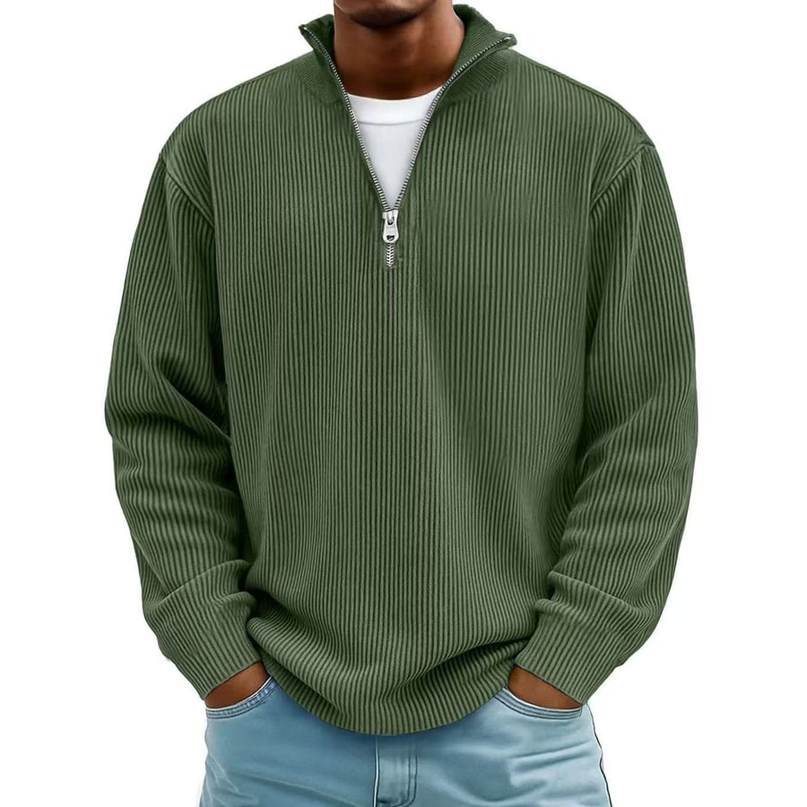 Men's Quarter Zip Sweater with Ribbed Knit and Half Pullover Stand Collar - Image 9