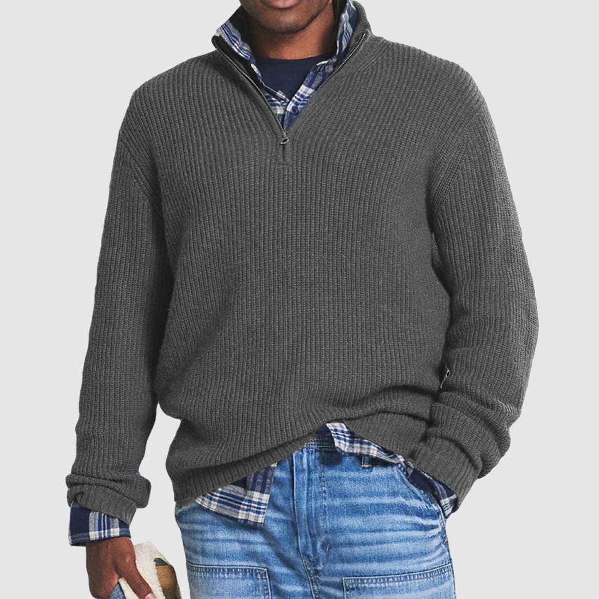 Men's Quarter Zip Sweater with Ribbed Knit and Mock Neck for Business Casual - Image 1