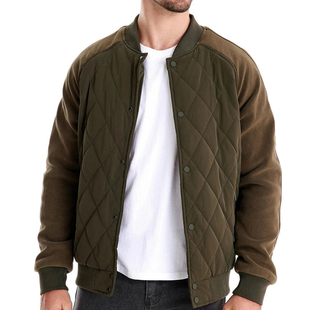 Men's Quilted Bomber Jacket with Fleece Raglan Sleeves and Snap Button - Image 1