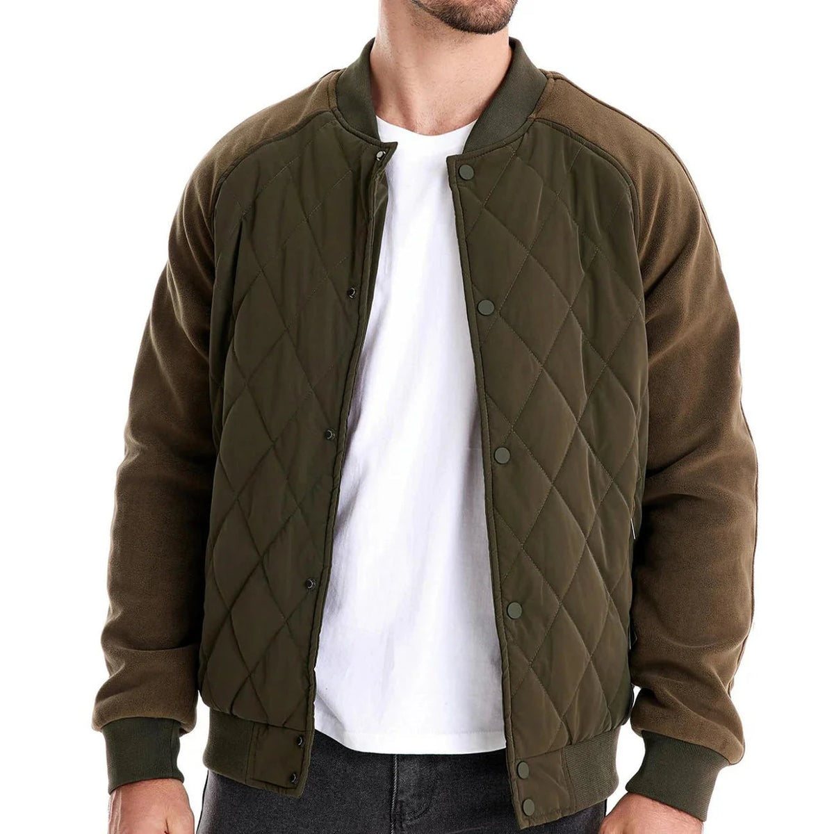 Men's Quilted Bomber Jacket with Fleece Raglan Sleeves and Snap Button - Image 1