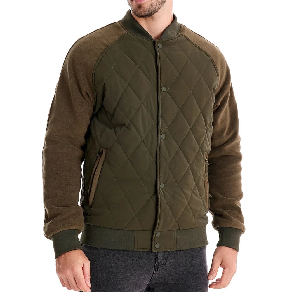 Men's Quilted Bomber Jacket with Fleece Raglan Sleeves and Snap Button - Image 2