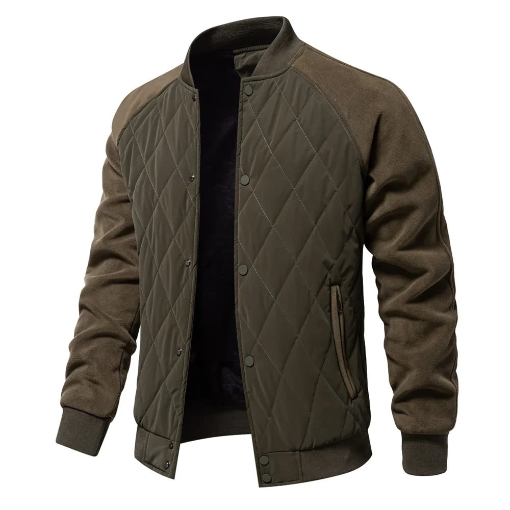Men's Quilted Bomber Jacket with Fleece Raglan Sleeves and Snap Button - Image 3