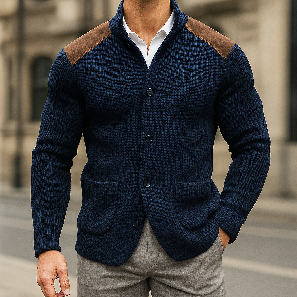 Men's Ribbed Knit Cardigan with Shoulder Patches and Patch Pockets - Image 2