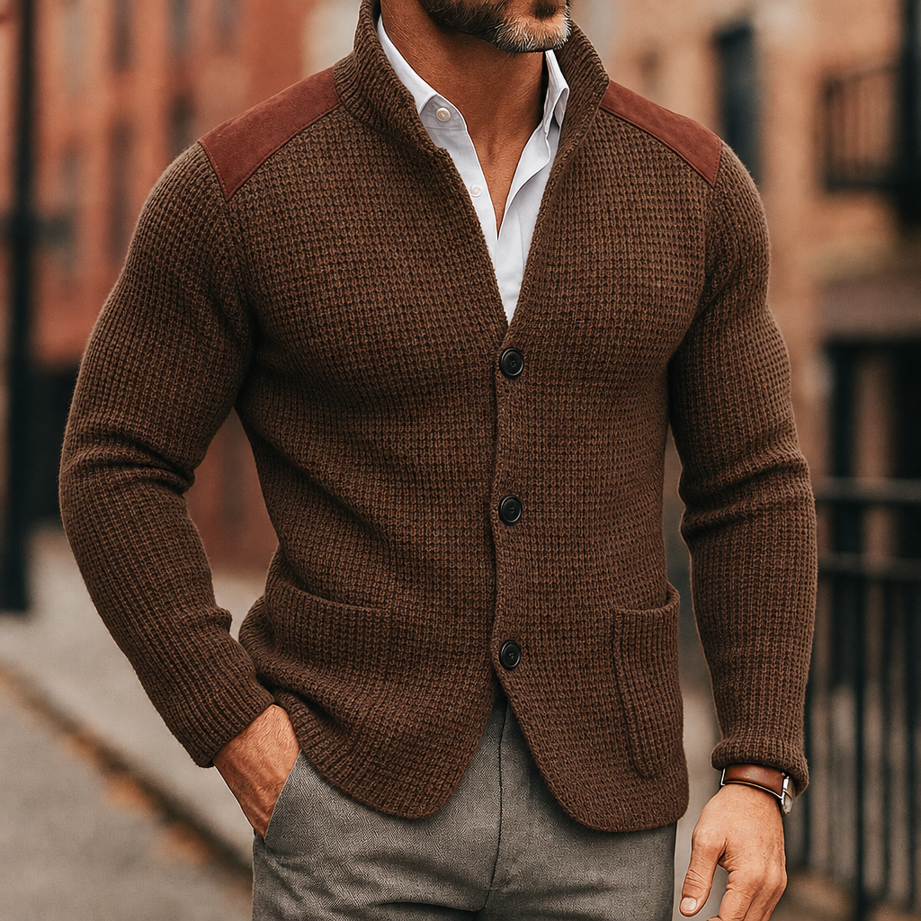 Men's Ribbed Knit Cardigan with Shoulder Patches and Patch Pockets - Image 3
