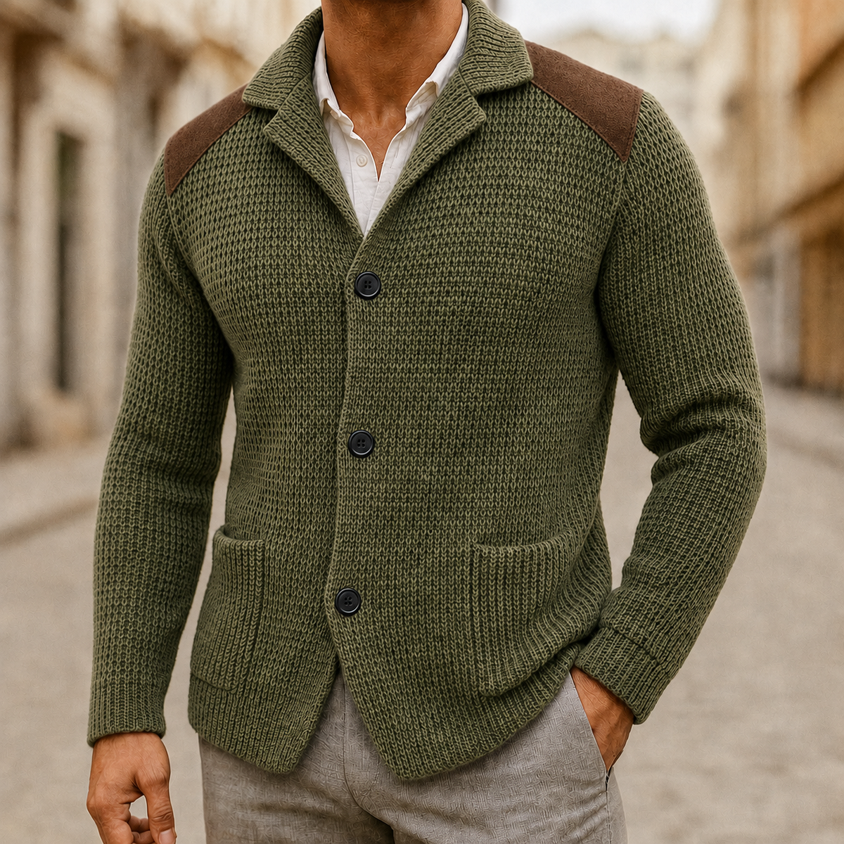 Men's Ribbed Knit Cardigan with Shoulder Patches and Patch Pockets - Image 4