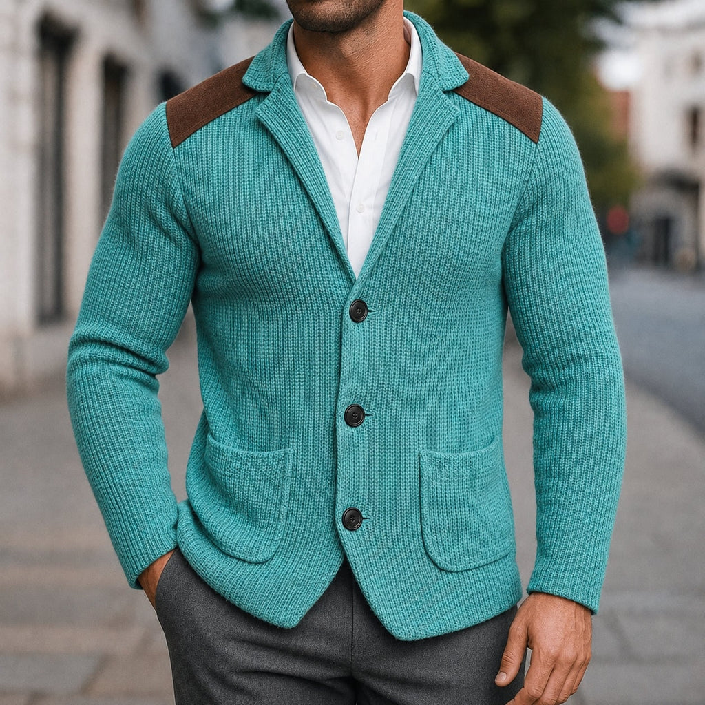 Men's Ribbed Knit Cardigan with Shoulder Patches and Patch Pockets - Image 5