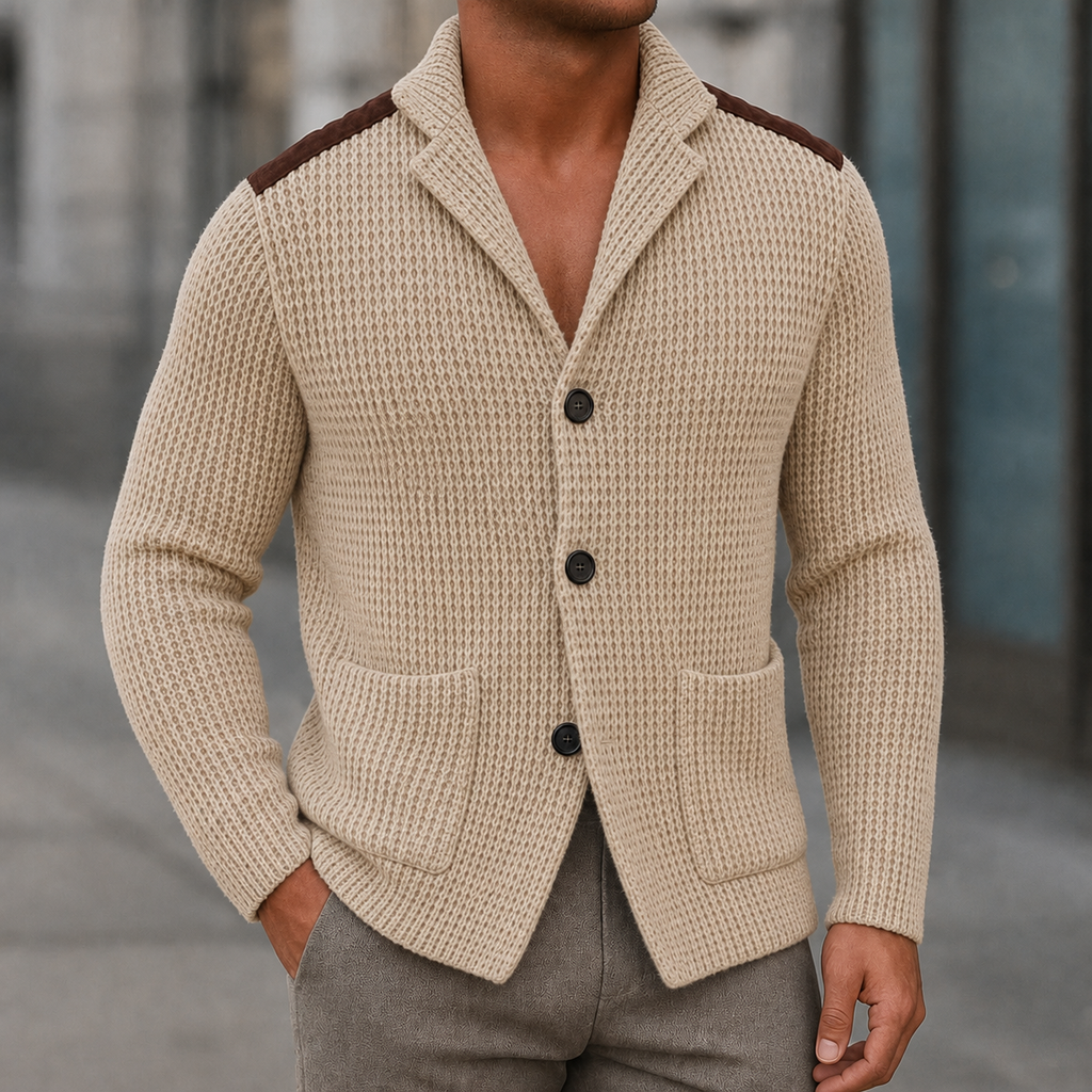 Men's Ribbed Knit Cardigan with Shoulder Patches and Patch Pockets - Image 6