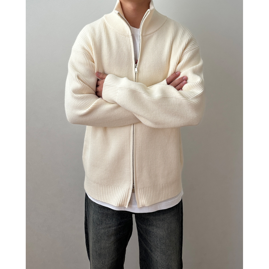 Men's Ribbed Knit Full Zip Up Cardigan with High Collar - Image 1