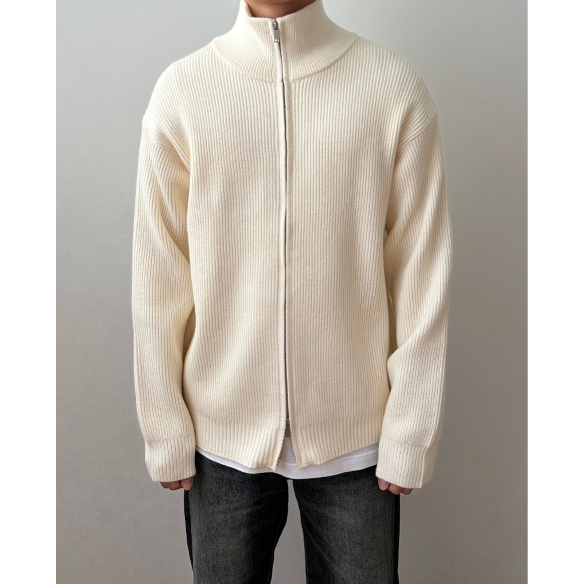 Men's Ribbed Knit Full Zip Up Cardigan with High Collar - Image 2