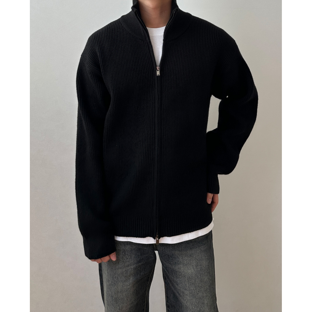 Men's Ribbed Knit Full Zip Up Cardigan with High Collar - Image 3