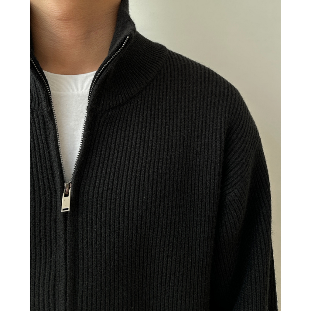 Men's Ribbed Knit Full Zip Up Cardigan with High Collar - Image 4