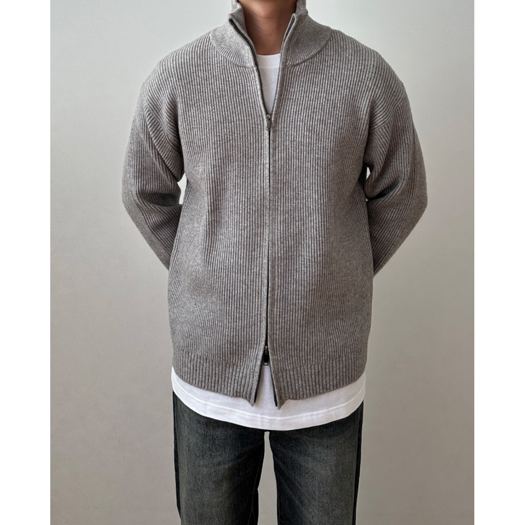 Men's Ribbed Knit Full Zip Up Cardigan with High Collar - Image 5