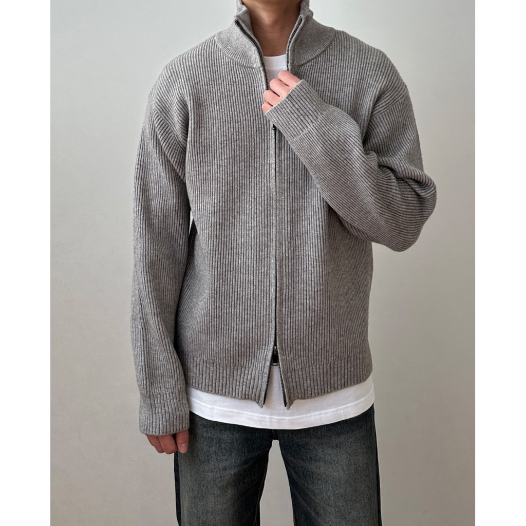 Men's Ribbed Knit Full Zip Up Cardigan with High Collar - Image 6