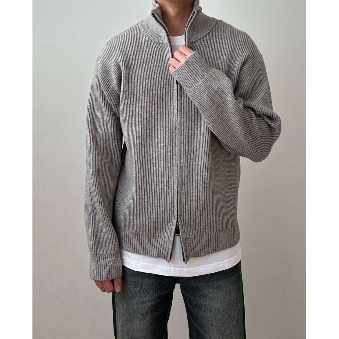 Men's Ribbed Knit Full Zip Up Cardigan with High Collar - Image 6